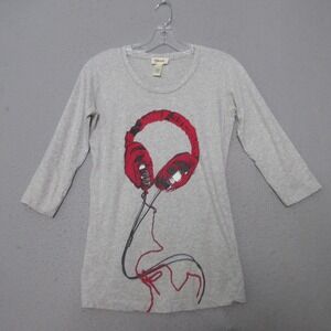 Diesel Top T Shirt Women XXS Long Fitted Grunge Vintage Y2K 90s Headphones‎ Gray